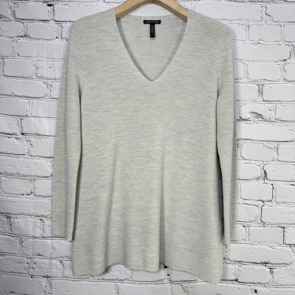 Eileen Fisher Women's Tunic Sweater XS Merino Wool Cream Blue Heather V-neck